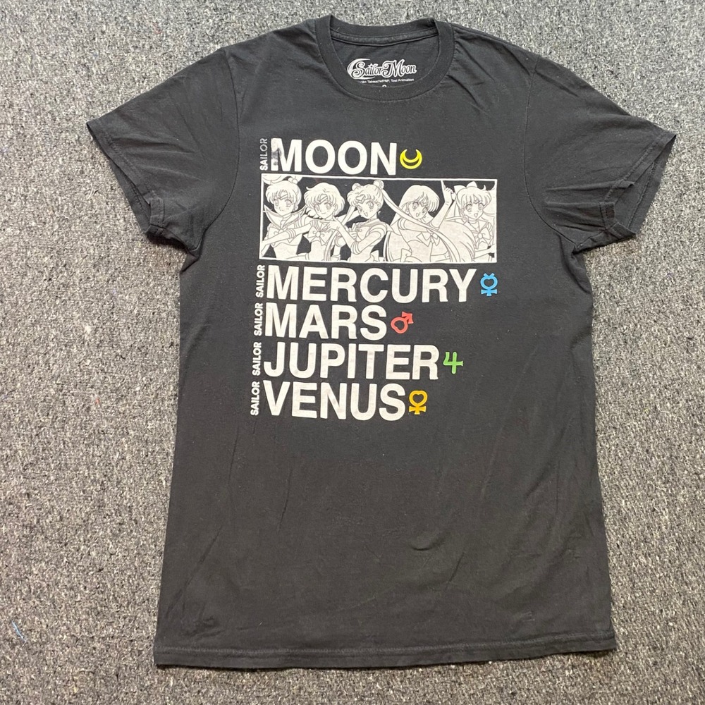 Sailor Moon Graphic TShirt Sz S Womens Black Anime 90s Retro Scouts Mercury Mars